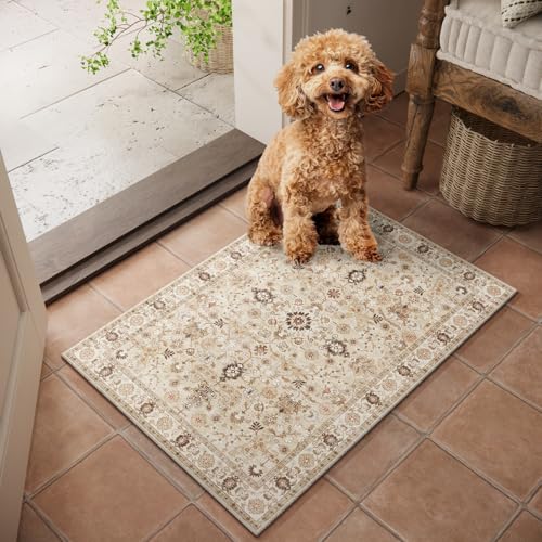 Machine Washable Entryway Small Area Rugs: Soft Non-Slip Low Pile Door Mat Indoor Entrance 2x3 ThrowRug for High-Traffic Areas Kitchen, Hallway, Farmhouse Decor - color: Beige/Khaki/Multi, size: 2'x3'