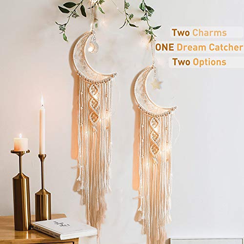 Boho Macrame Woven Wall Hanging, Crochet Crescent Moon Star Dream Catcher with Long Tassel- White Cotton Handmade Bohemian Home Decor Decoration Art Craft for Kids Bedroom Dorm Room - color: Cream White, size: Without Light