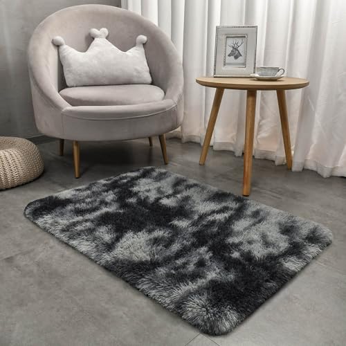 Merelax 2x3 Small Rug for Bedroom Livingroom Mini Space Home Decor, Modern Indoor Shaggy Plush Fluffy Furry Fur Rugs Comfy Nursery Kids Room Floor Carpet, Tie-Dyed Black & Grey - color: Tie-dyed Black & Grey, size: 2' x 3' (Rectangular)