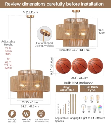 24'' Boho Rattan Chandelier, 4-Light Hand-Woven Wicker Pendant Lamp, Rustic Modern Ceiling Light Fixture for Dining Room, Kitchen Island, Living Room, Bedroom, Foyer, Entryway, Over Table - color: Brown A