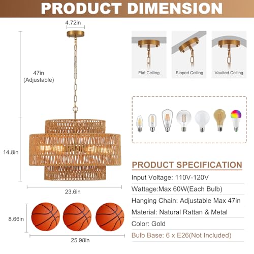 23.6" Gold Rattan Chandelier, 6-Light Hand-Woven Wicker Drum Chandelier, 3-Tier Boho Farmhouse Light Fixture for Dining Room,Kitchen Island,Living Room,Bedroom - color: gold 23.6"