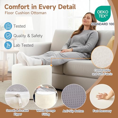 Tiita Round Stuffed Pouf Ottoman, Plush Poufs with Foam Chunk Filling, Foot Rest Stool for Living Room, Cream - color: Round Cream