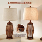 27” Vintage Bamboo Woven Table Lamps Set of 2, Farmhouse Rattan Bedside Lamps for Bedroom Livingroom Office Study with Nightlight and USB A+C, Bulbs Included