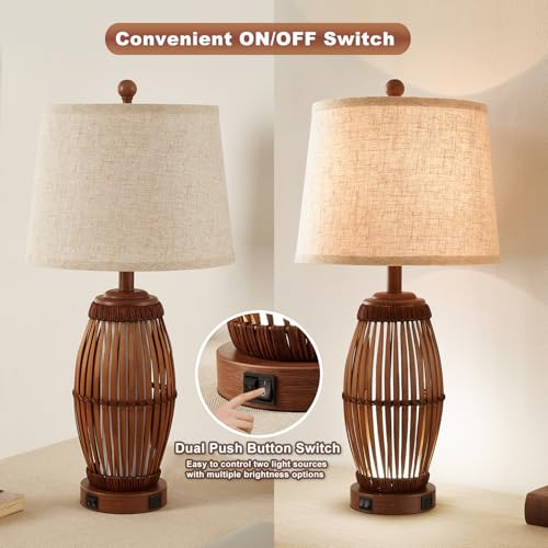 27” Vintage Bamboo Woven Table Lamps Set of 2, Farmhouse Rattan Bedside Lamps for Bedroom Livingroom Office Study with Nightlight and USB A+C, Bulbs Included