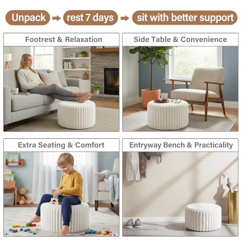 Tiita Round Stuffed Pouf Ottoman, Stripe Faux Fur Poufs with Foam Chunk Filling, Furry and Fluffy Pouf 21×21×12 inch Foot Stool Storage Ottoman,Puff Office Foot Rest for Couch Living Room, Beige - color: Striped Round Beige