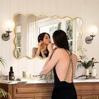 Kelly Miller 28x50 Inch Gold Scalloped Mirror, Large Rectangular Wavy Edge Bathroom Vanity Wall Mirror Decorative for Bedroom Living Room Entryway Fireplace Mantle - size: 50"L x 28"W