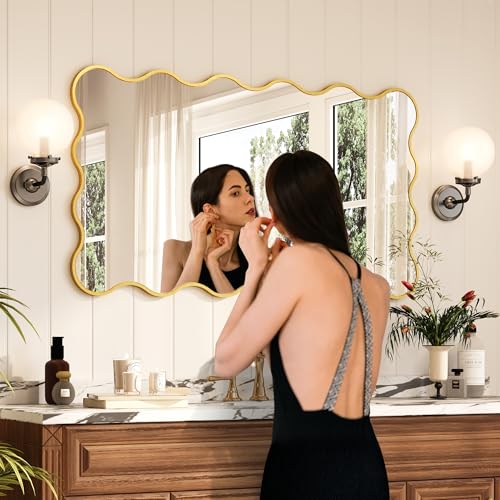 Kelly Miller 28x50 Inch Gold Scalloped Mirror, Large Rectangular Wavy Edge Bathroom Vanity Wall Mirror Decorative for Bedroom Living Room Entryway Fireplace Mantle - size: 50"L x 28"W