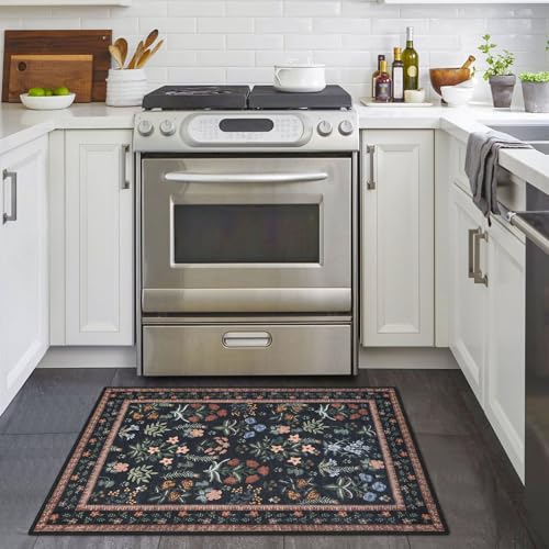 Lansny Boho Entryway Rug 2x3 Washable, Black Navy Floral Kitchen Rug, Super Thin Faux Wool Small Area Rug, Non-Slip Soft Carpet for Foyer, Bedroom, Office - color: Black Navy, size: 2' x 3' (Rectangular)