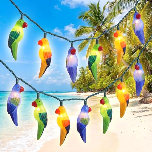 8.5Ft Parrot Outdoor String Lights, LED Tropical Themed Patio Lights with 10 Multicolor Birds Lights, Plug in Hanging Fairy String Lights for Backyard Summer Camp Window Decor Gift - color: Multicolor Parrot