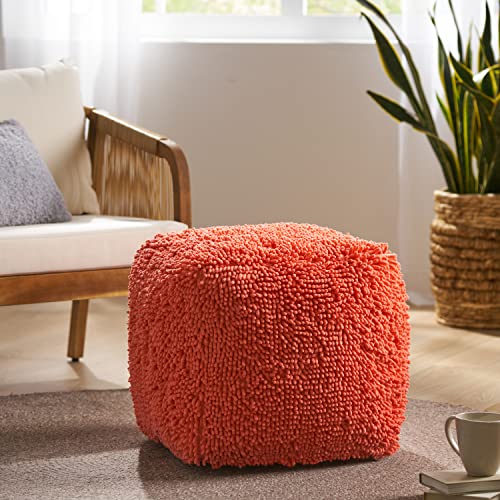 GDFStudio Modern Microfiber Chenille Cube Pouf Ottoman Foot Stool - Bean Bag Floor Chair - Foot Rest Couch for Living Room Bedroom,Coral,16"" x 16"" x 16"", Statha,coral, 314105N - color: Coral, size: 16"