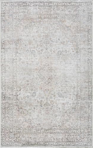 Hauteloom Wentworth Machine Washable Area Rug - Floral Distressed Border Medallion Faded - Traditional Oriental Transitional Vintage Farmhouse - Beige, Slate Blue, Cream, Gray, Light - 6'7" x 9' - color: Beige, Slate Blue, Cream / Holli, size: 6'7" x 9' (
