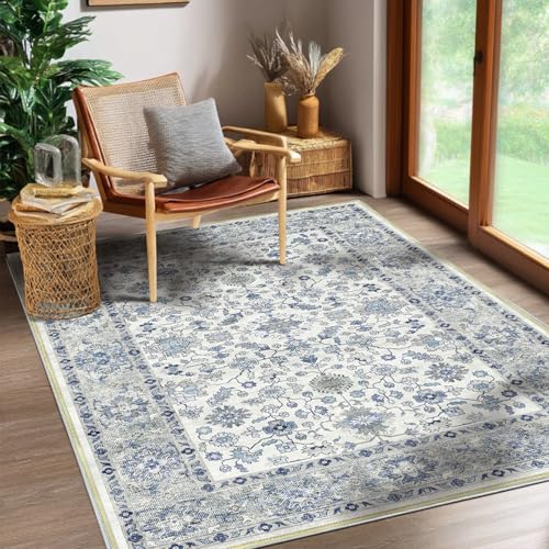 Area Rug for Living Room 3x5, Machine Washable Vintage Oriental Soft Carpet, Low Pile Thin Floor Area Rugs with Non Slip Backing for Office Door Mat Kitchen Bathroom Indoor Dorm Dining Room - color: Blue, size: 3x5