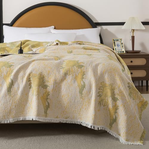 Lemfux 4-Layer 100% Cotton Muslin Cooling Blanket, Boho Floral Gauze Throw with Fringe, Ultra Soft Breathable Lightweight Bedspread Coverlet for Bed Sofa Couch - color: Sunflower Floral, size: 80"x90"
