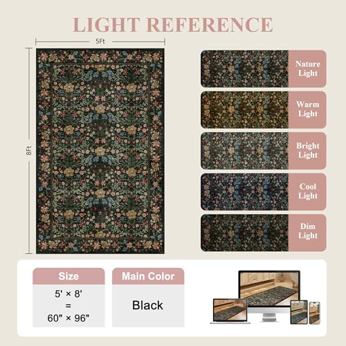 DUKINO 5x8 Area Rug for Bedroom, Vintage Non Slip Floral Washable Rug with Low Pile Design, Stain Resistant & Lightweight Floor Capet for Living Room, Kids Playroom, Home Office, Nursery, Black - color: Black, size: 5' x 8' (Rectangular)