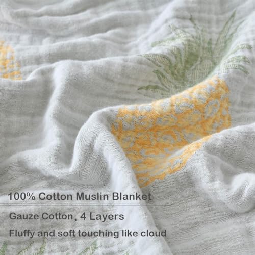 100% Cotton Muslin Throw Blanket Queen 90"x92", Vintage Indoor and Outdoor Use, Reversible and Breathable Fabric for Yard Picnics, Bedding or Chair Cover - color: Root={'value': "['Pineapple']"}, size: \'Queen (90" x 94")\'
