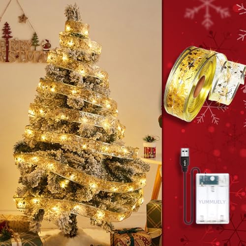 Christmas Ribbon Fairy Lights 33Ft 100 LED String Lights Battery Operated 2In Gold Foil Ribbon with Warm White Twinkle Firefly Lights Indoor Starry Holiday Decoration for Christmas Tree - size: Ribbon Lights