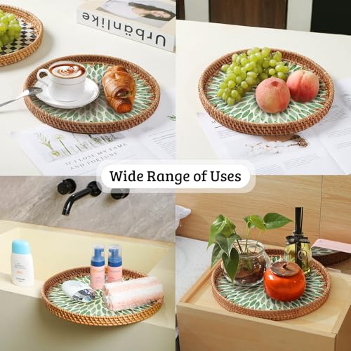 Round Rattan Tray with Mother of Pearl Inlay, Decorative Wicker Serving Tray with Wooden Base, Woven Basket Trays for Bread Fruits Coffee, Leaf - color: Leaf