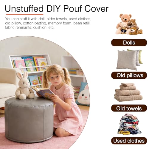 Unstuffed Ottoman Pouf Cover 20 X 15 Inch, Round Pu Leather Foot Stool, Floor Bean Bag(No Filler), Foot Rest with Storage for Living Room/Bedroom/Office, Gray - color: Grey