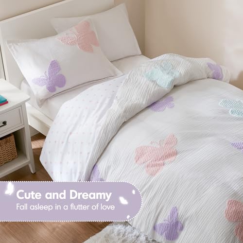 Intelligent Design Kids Rio Twin Duvet Set – Girls’ Reversible Tufted Chenille Bedding with Pastel Purple Butterflies and Pink Dot, 2pcs - color: Multicolor, size: Twin