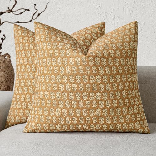 Foindtower Set of 2 Decorative Vintage Floral Print Throw Pillow Cover Neutral Modern Farmhouse Cushion Covers Boho Home Decor For Sofa Couch Chair Bedroom Living Room Outdoor,18×18 Inch,Golden Orange - color: Golden Orange, size: 18" x 18" (Pack of 2)