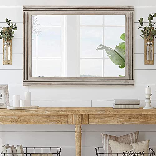 YOSHOOT Hand-Made Wooden Spliced Wall Mirror for Bathroom, Rustic Farmhouse Vanity Mirror, Décor Wall Art, Solid Wood Frame, Vertical or Horizontal Hanging - color: Spliced White Grey, size: 40"L x 26"W