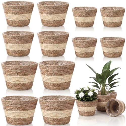 AceOrbit 12 Pcs Wicker Plant Basket Bulk with Liners Woven Planter Baskets Bulk for Indoor Outdoor Seagrass Plants Woven Wicker Baskets for Flower Pots Cover and Room Decor (Mixed Size,Bohemian) - color: Bohemian, size: Mixed Size