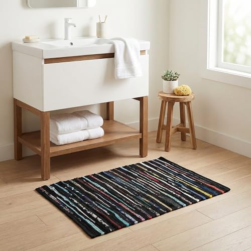 Cotton Hosiery Hand Woven Area Rug 2x3 Feet - Dark Multi, Accent Decorative Farmhouse Reversible Throw Indoor Carpet Ideal for Entryway, Kitchen, Laundry | Black Small Soft Floor Mat for Nursery - color: Dark Multi Hoisery, size: 2 x 3 feet