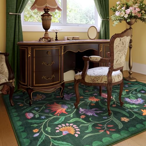 Lahome Boho Floral Washable Green 5x7 Area Rugs for Living Room, Non Slip Rugs for Bedroom Entryway, Indoor Ultra-Thin Throw Dining Room Carpet for Under Table Kitchen Dorm(Forest Green,5x7) - color: Forest Green, size: 5' x 7' (Rectangular)