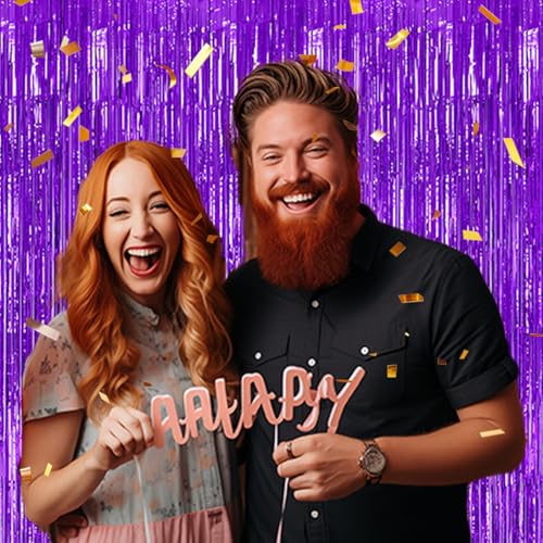 DECOCKRAT 3 Pack Foil Fringe Backdrop - Purple Shiny Tinsel Curtains for Party Decoration/Photo Booth Props - 3.3x8.2 FT Metallic Foil Backdrop for Birthday, Wedding, Graduation, Christmas. - color: Purple