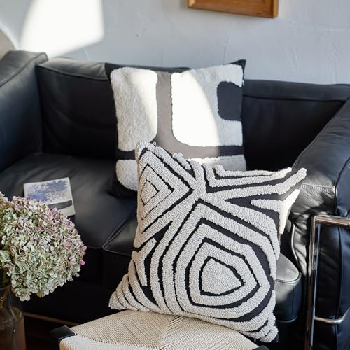 Retro Random Embroidery Stripe Throw Pillow Cover，Black White Boho Abstract Tufted Decorative Pillow Case，Neutral Aesthetic Modern Woven Sham for Bed Couch Living Room, 18x18 inches,1PCs - color: Black-a
