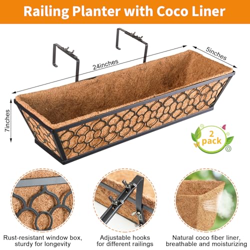 Riare 2 Pack 24 Inch Window Boxes Planters with Coco Liner, Metal Deck Railing Planter Boxes, Balcony Planters Railing Hanging, Horse Trough Window Flower Planter Boxes for Outdoor Porch Fence Patio - size: 24Inch
