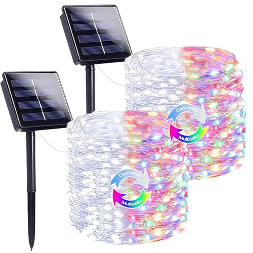 Cool White and Multicolor Color Changing Solar String Lights for Outside, 2 Pack 400LED Solar Fairy Lights Outdoor, Waterproof Copper Wire with 8 Modes Solar Twinkle Lights for Tree Garden Xmas Decor - color: Cool White to Multicolor, size: 2 Pack-400LED