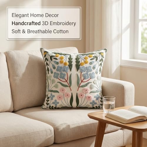 YIcabinet Pack of 2 Throw Pillow Covers,Little Daisy Embroidered Pillow Case Soft Decorative Pillowcases for Home Sofa Couch 18x18 Inch - color: White19