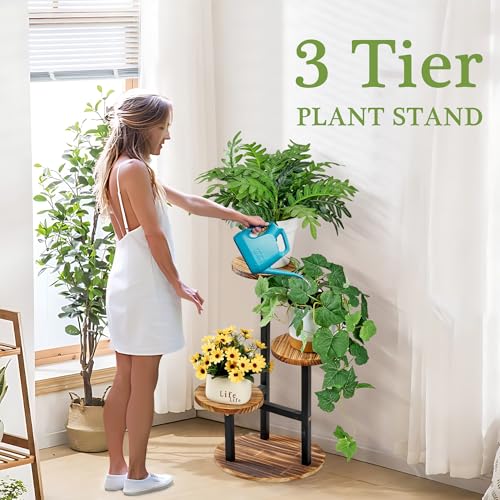 VECELO 4 Tier Plant Stand Indoor Outdoor, Tall Metal Wood Flower Shelf for Multiple Plants, Small Tiered Round Corner Display Rack, Planter Pot Holder for Patio Garden Balcony Living Room Bedroom - size: 4-Tier