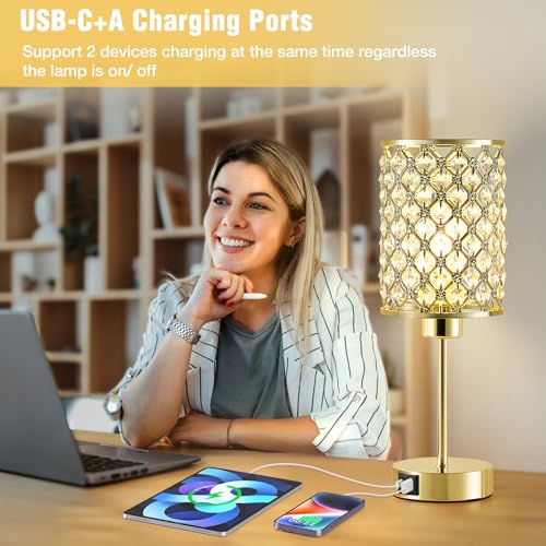GyroVu Crystal Table Lamp, Gold Touch Lamp for Nightstand with USB C+A Ports, Dimmable Lamp with Crystal Shade, Bedside Lamp Small Lamp for Bedroom, Living Room(Buld Included) - color: Gold, size: 14.75"