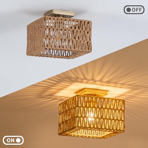 Rpzloila Rattan Ceiling Light, Gold Boho Light Fixture, Square Flush Mount Ceiling Light for Bedroom, Hallway, Entryway, Kitchen, Cabinet - color: Gold, size: 1-Light-Square