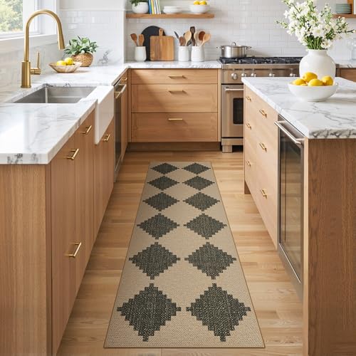 Bavni Checkered Easy Jute Rug,2x6 Runner Rug Machine Washable Non Slip Woven Plaid Carpet, Geometric Diamond Non Shedding Low Pile Modern Farmhouse Hallway Runner for Kitchen, Laundry, Corridor - color: Checkered-3, size: 2X6