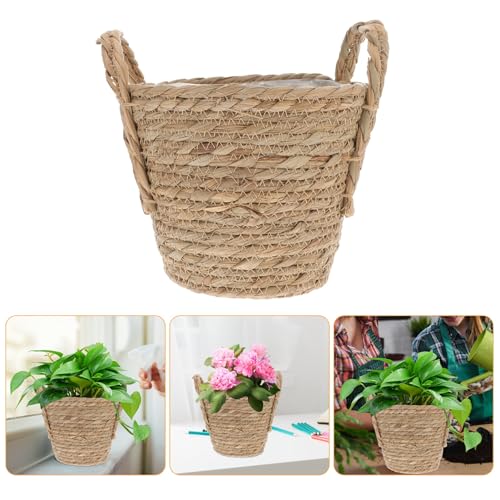 SHOWERORO Boho Seagrass Basket Planter with Handle 20cm Diameter Indoor Flower Pot for Succulent Plants Home Decor Retro Straw Woven Planter for Living Room