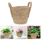 SHOWERORO Boho Seagrass Basket Planter with Handle 20cm Diameter Indoor Flower Pot for Succulent Plants Home Decor Retro Straw Woven Planter for Living Room