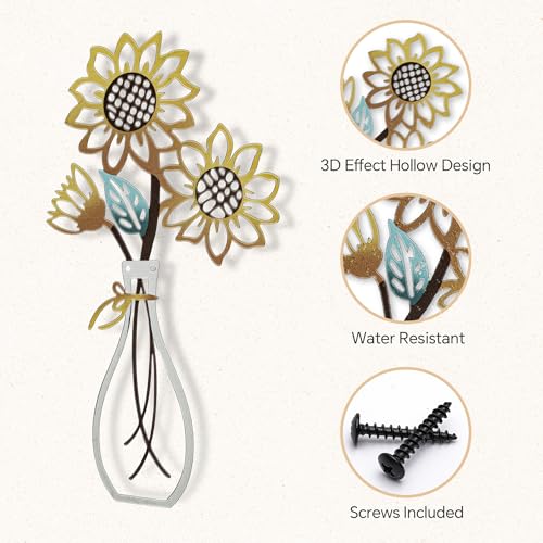 Mcdagogn 3 Pieces Metal Flowers Wall Arts - Rustic Farmhouse Wall Decor, Minimalist Beige Flower Wall Decor for Living room Bathroom Bedroom Laundry Room Kitchen Office - Housewarming Gifts - color: Beige-Gold