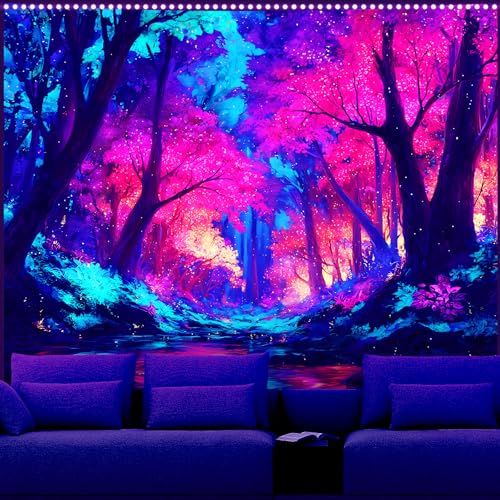 AOHMPT Blacklight Forest Tapestry Trippy Fluorescent Wall Hanging Psychedelic Pink Tree Nature Landscape Glow in the Dark Tapestries for Bedroom Decor, 79x59 In - color: Tree(3), size: 79"L x 59"W