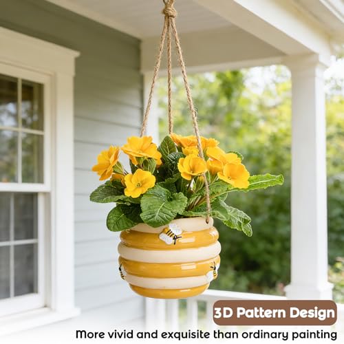 Hanging Ceramic Planter 5 Inch Cute Bee Plant Pots Indoor Outdoor Yellow Planter Flower Pot Succulent Plant Pot Ceramic Mid-Century - color: Yellow