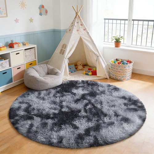 Tie-Dyed Black Fluffy Round Rug,Soft Area Rugs for Girls Room,Shaggy Rugs 4'X4' for Living Room,Non Slip Circle Rug for Kids Bedroom,Shag Plush Nursery Rug,Plush Carpet for Dorm,Cute Furry Room Decor - color: Mottling Black, size: 4' (Round)