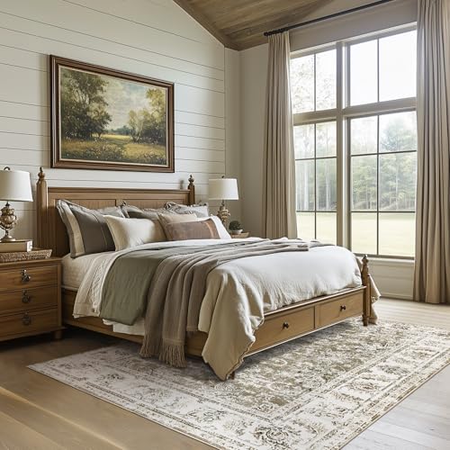 jinchan Fiora Floral Area Rug 5x7, Distressed Vintage Floral Washable Rug with Low-Pile Surface and Non-Slip Backing, for Living Room Bedroom Dining Room Home Office and Family Spaces, Taupe - color: Distressed Taupe, size: 5' x 7' (Light Weight)