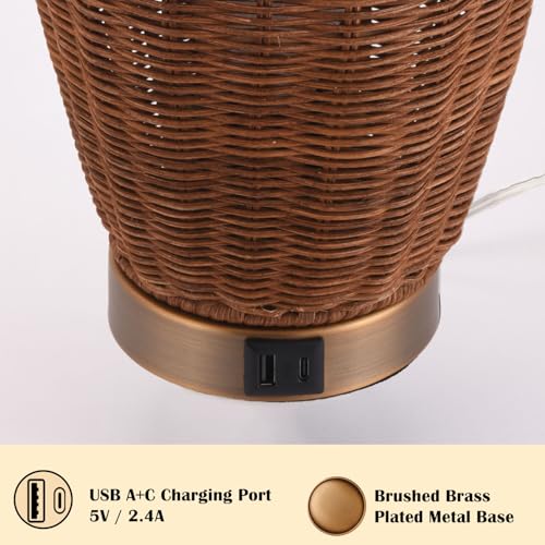 Boho Style Rattan Table Lamp,Dimmable Bamboo Desk Lamp,Touch & USB Charger Port,Oven Brown Rattan - color: USB + touch