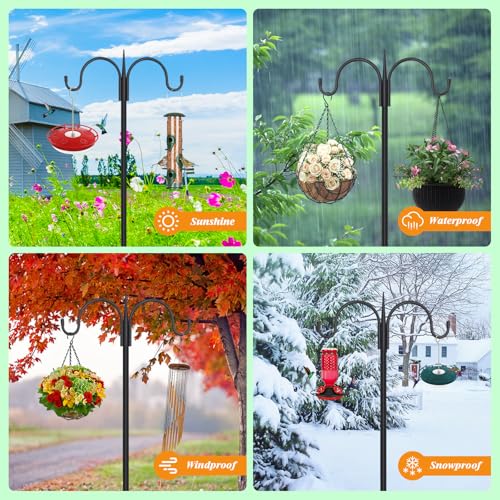 FEED GARDEN Heavy Duty Shepherds Hook 76" Double Hooks Adjustable (44/60/76") - Alloy Steel 5-Prong Base, 17lb Capacity - Easy Assembly Bird Feeder Pole for Hanging Planters, Lanterns, Wind Chimes - size: 76 Inch