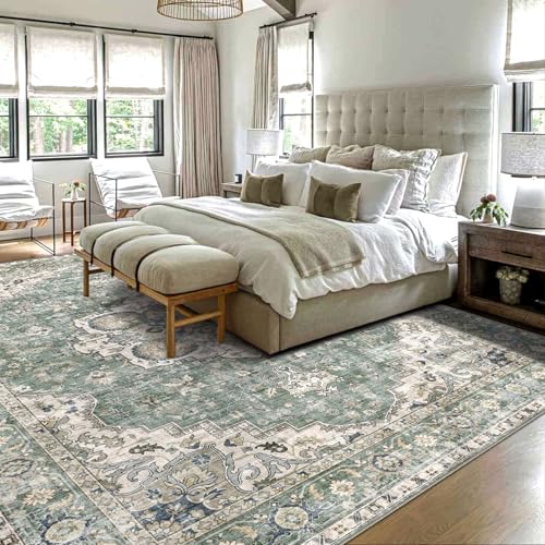 LUXRUG Area Rugs 9x12 Living Room - Large Washable Sage Green Boho Rugs for Bedroom Soft Vintage Rug Ultra-Thin Farmhouse Oriental Medallion Carpet Non Slip Rug for Dining Room Guest Room Home Decor - color: Green, size: 9' x 12' (Rectangular)