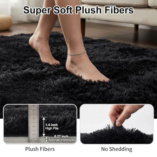 Mugorn Black Rugs for Bedroom, 2x3 Feet Fluffy Area Rugs for Living Room, Soft Shag Kids Rug Small Carpet for Nursery, Bedside, Indoor, Dorm Decor (2ft x 3ft, Black) - color: Black, size: 2ft X 3ft