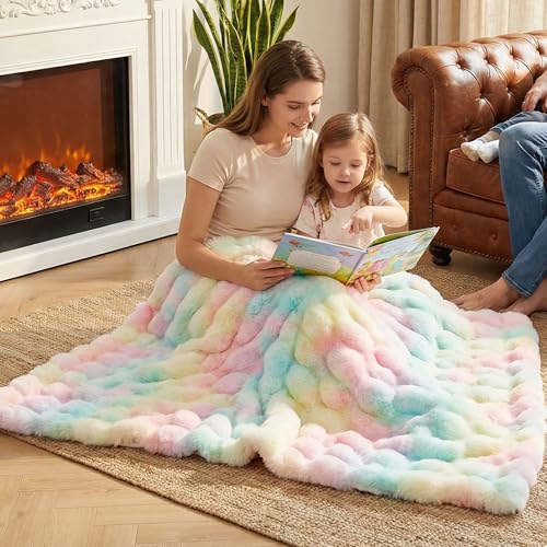 JONIYEAR Decorative Colorful Fluffy Bubble Faux Rabbit Fur Blanket Twin Size 60" x 70",Oversized Thick Warm Fuzzy Blanket for Winter,Luxe Pastel Cute Shaggy Cozy Furry Blankets for Women Girl, Rainbow - color: Colorful Rainbow - 900gsm, size: Twin Size -
