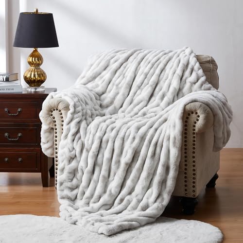 WDCOZY Ruched Faux Fur Throw Blanket Soft Cozy Fluffy Luxurious Blankets Couch Bed Sofa Chair Home Decor Warm Furry Fall Winter Plush Rabbit Fur Bubble Blanket 50" x 60", Grey - color: Grey, size: Throw (50" x 60")